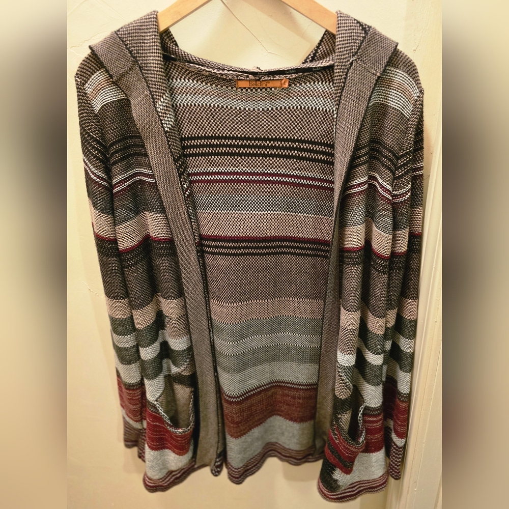 Belldini Multicolor Striped Open Cardigan Hood Pockets Large